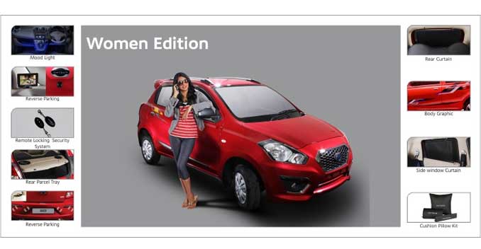 The Go Women Edition will be offered with features like reverse parking sensor, reverse parking camera, rear and side curtains, parcel tray, cushion kit, mood light and body graphics, for which one will have to pay an extra amount.