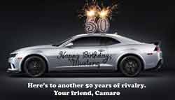 The Chevrolet Camaro says 'Happy 50th' to its rival - the Ford Mustang