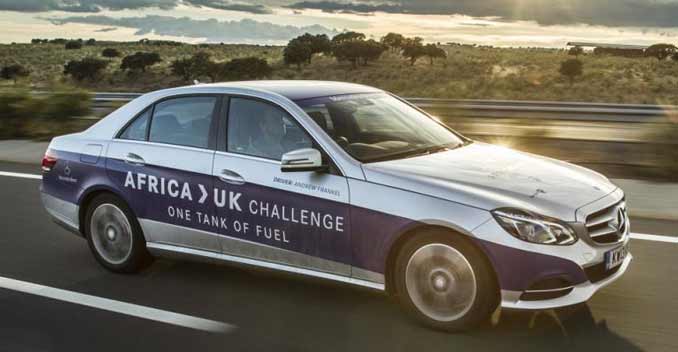 A standard Mercedes-Benz E 300 BlueTec Hybrid traversed the distance from Africa to the UK on one tank of fuel. The journey started from Tangier in Northern Africa to the UK, traveling through two continents, four countries and three time zones in a total time of 27 hours.