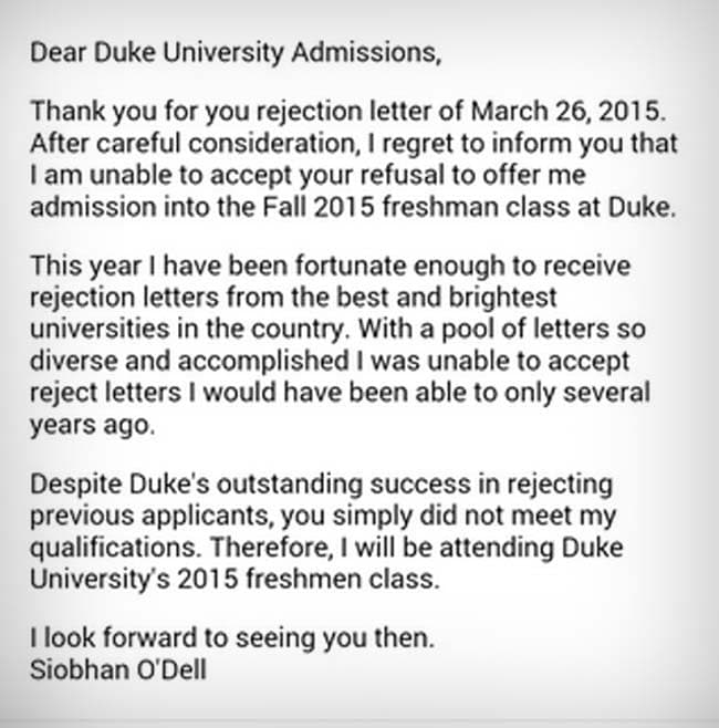 Sample rejection letter to college applicant