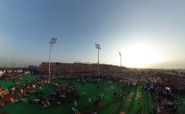 Move this image around for a 360-degree view of the Sri Sri Ravi Shankar festival venue where workers, volunteers and musicians gathered during the three-day event in March 2016