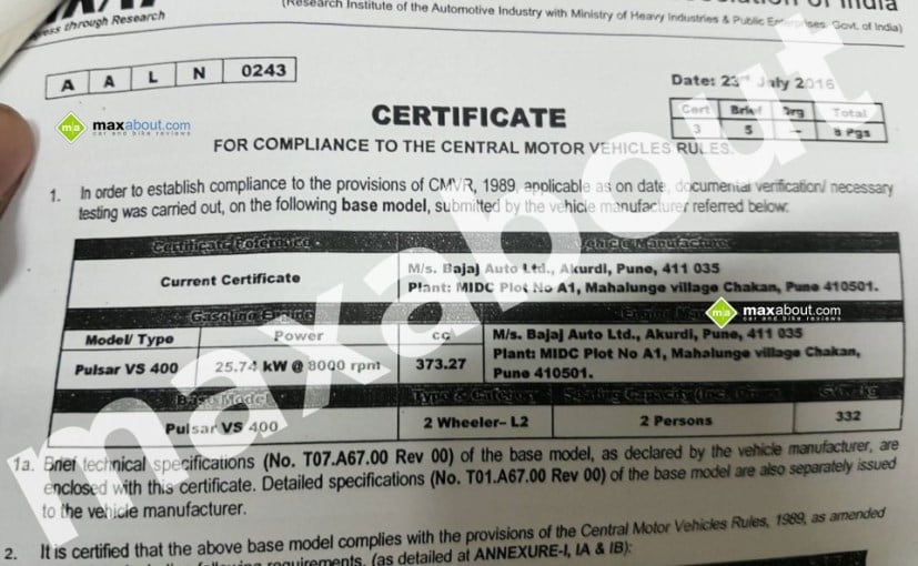 Bajaj VS400 ARAI Document Leaked