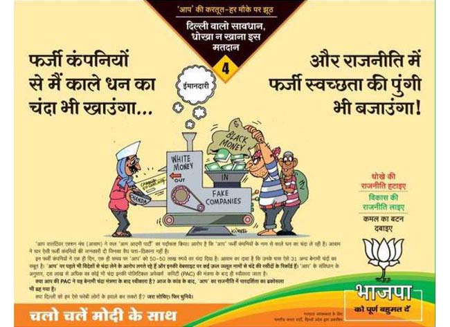 बीजेपी का आप पार्टी पर फर्जी चंदे को लेकर विज्ञापन हमला