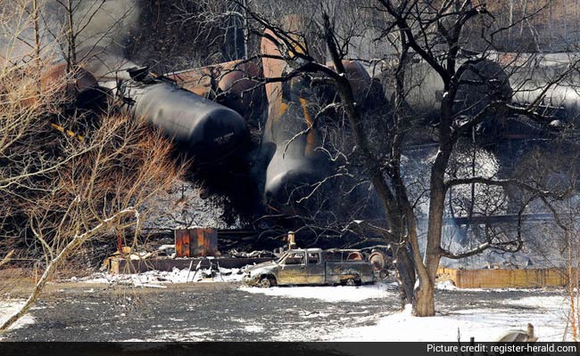 Spilled Oil Keeps Flames Burning After a Train Derailment in West Virginia