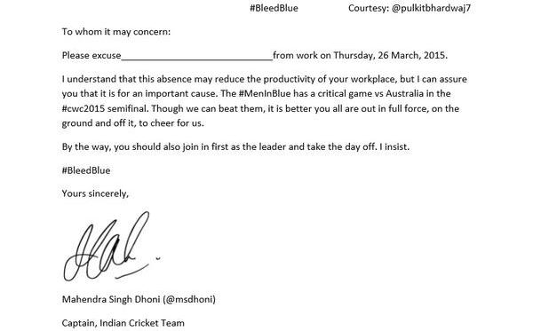 Bunking Work for the Match?  Use This Letter 'Signed by MS Dhoni'