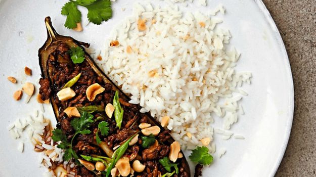 Thomasina Mier's Recipes for Roast Aubergines with Szechuan Fragrant Pork