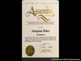 Actor Anupam Kher Gets 'Certificate of Recognition' in California Actor Anupam Kher Gets 'Certificate of Recognition' in California