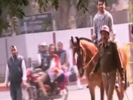 Lalu Prasad's Son Tej Pratap Rides A Horse To His Official Bungalow Lalu Prasad's Son Tej Pratap Rides A Horse To His Official Bungalow