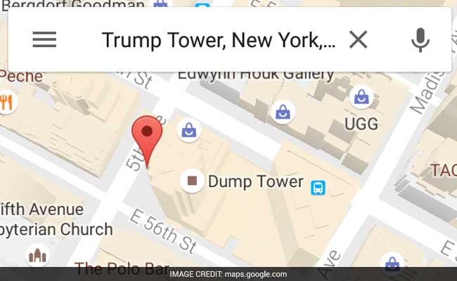 गूगल मैप पर अमेरिका के नवर्निवाचित राष्‍ट्रपति के ट्रंप टावर का नाम 'डंप टावर' किया गया