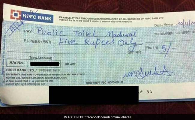 Madurai Man Writes Cheque For Rs 5 After Using Public Toilet