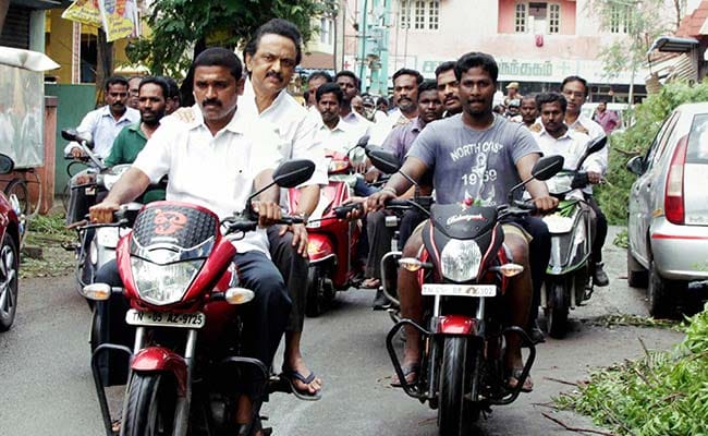 DMK Leader Stalin Rides On Bike To Assess Cyclone Vardah Damage