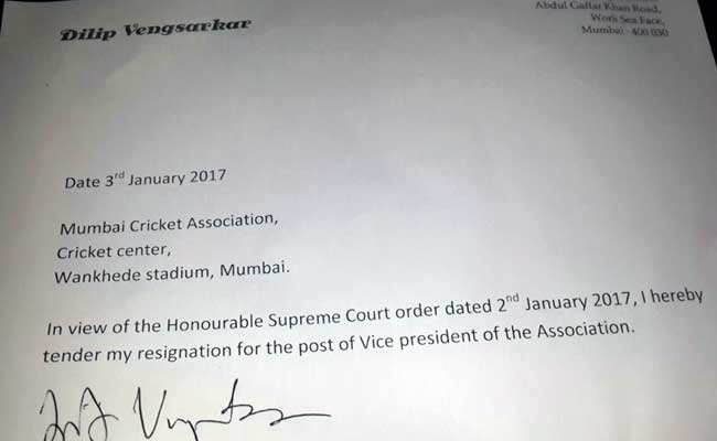 दिलीप वेंगसरकर ने भी मुंबई क्रिकेट एसोसिएशन के उपाध्यक्ष पद से इस्तीफा दिया