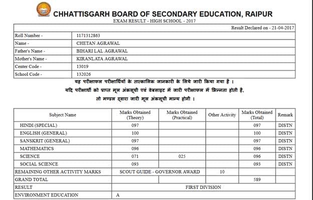 cgbse class 10 result 2017 topper