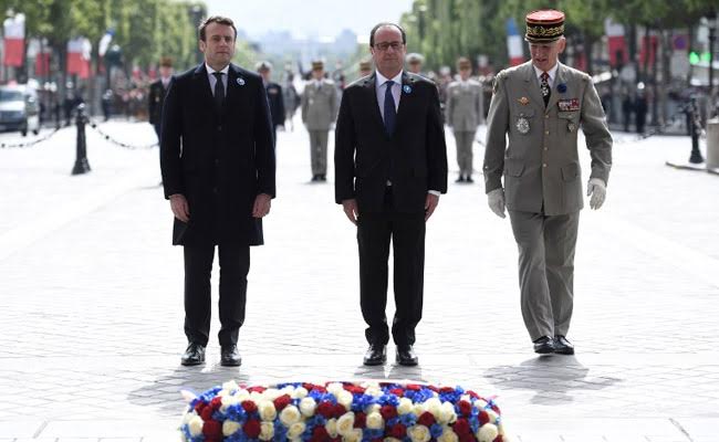 France's Francois Hollande Greets Emmanuel Macron In First Meeting Since Victory