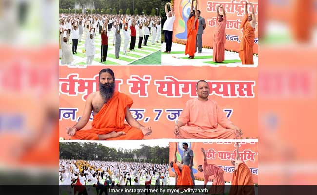 Uttar Pradesh Chief Minister Yogi Adityanath, Governor Ram Naik Practice Yoga With Baba Ramdev