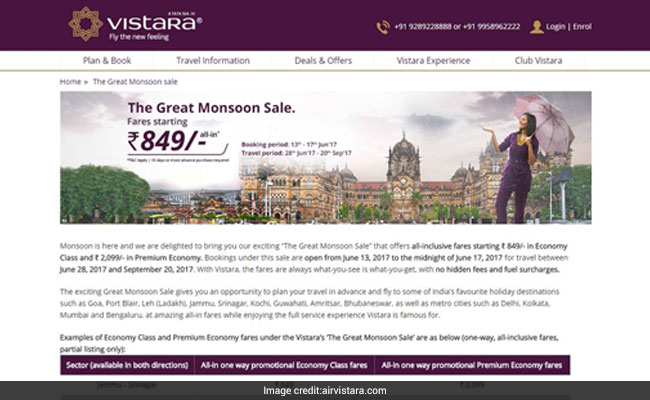 एयर विस्तारा का The Great Monsoon Sale ऑफर : टिकट बुकिंग शुरू, 849 रुपये कर सहित