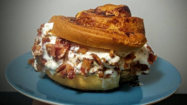 1,770 Calorie Cinnamon Roll Ice Cream Sandwich Topped with Bacon is the New Internet Frenzy
