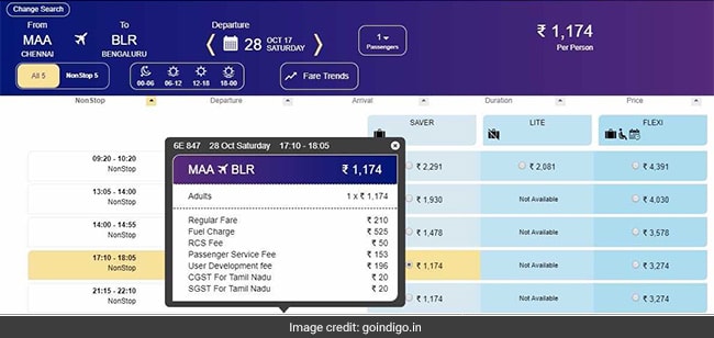 indigo fare breakup goindigo website
