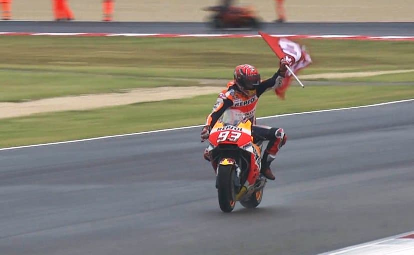 Marc Marquez secured a hard fought win against Pramac Ducati's Danilo Petrucci in San Marino Grand Prix at Misano, securing his fourth MotoGP win this season. The Repsol Honda rider tackled the wet track with ease as he battled for the top spot against Petrucci as well as Ducati Andrea Dovizioso, who took up the last place on the podium.