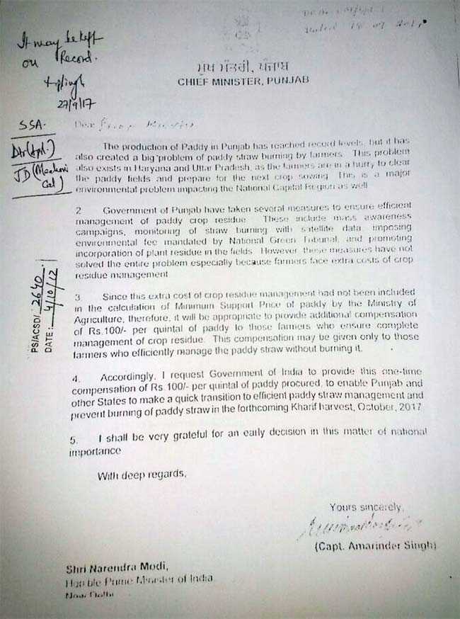 amarinder singh letter stubble burning