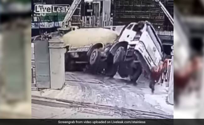 On Camera, Cement Truck Plunged Into Massive Hole. How Driver Escaped