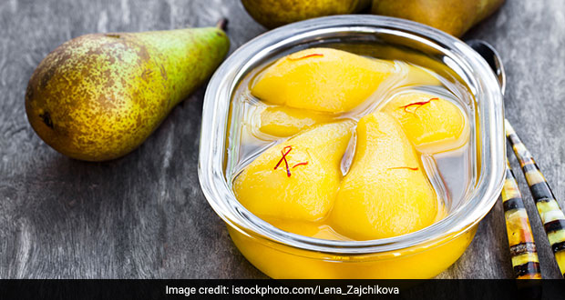 Pears in Saffron and Rose Syrup