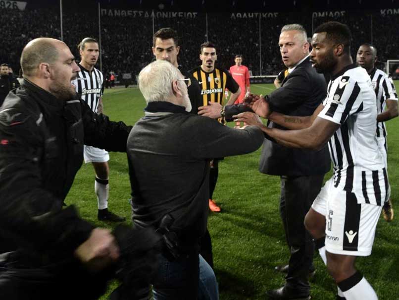 Watch Greek Football Game Abandoned After Paok Chief Enters Pitch With Gun Football News