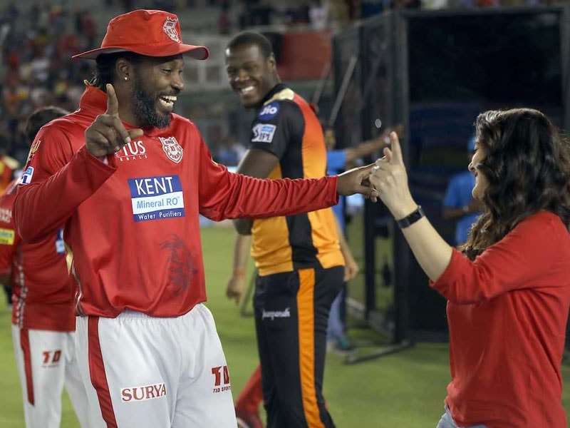 Gayle has a Bhangra moment after the match with Priety Zinta. (IANS)