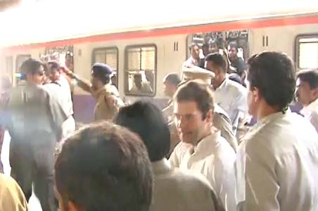 Gandhi boards local train to Ghatkopar