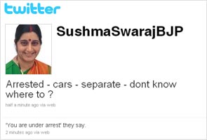 Arrested, tweets Sushma after Jammu airport drama