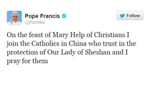 Pope sends tweet prayer for Catholics in China 