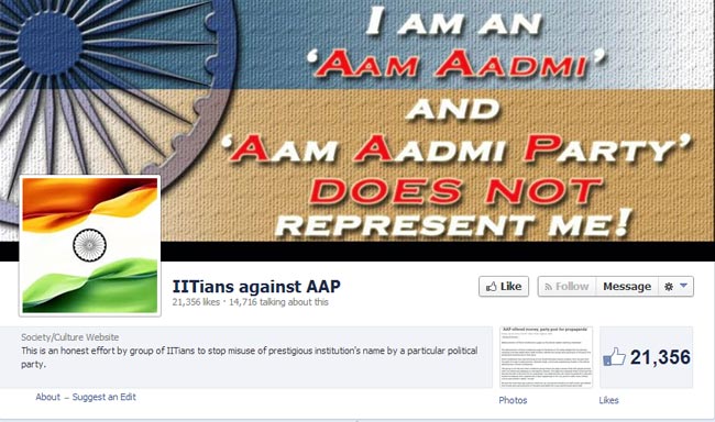 An anti-AAP Facebook page at Arvind Kejriwal's alma mater