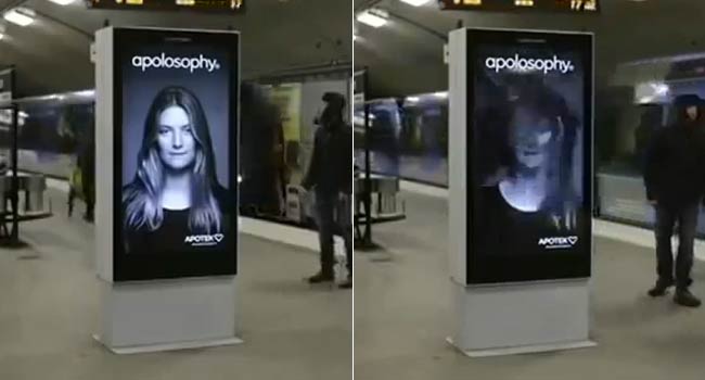 Just like magic: model's hair in poster is windswept by passing train