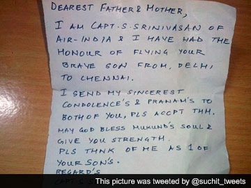 'I had the honour of flying your brave son': moving letter to martyr's parents