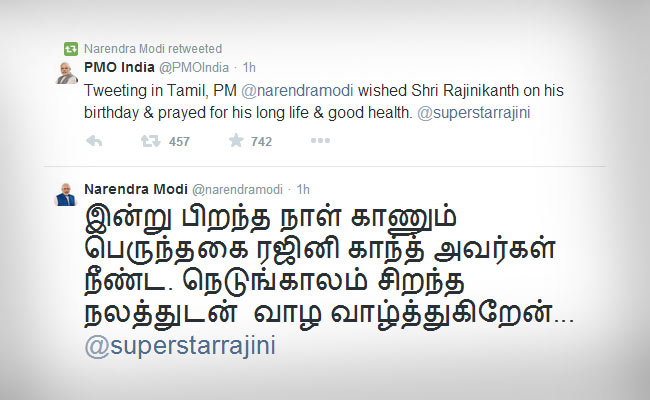 Prime Minister Modi Tweets Tamil Birthday Wishes to Rajinikanth