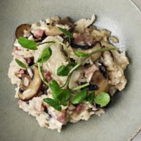 Nigel Slater's Baked Rice With Pancetta, Mushrooms and Goat's Cheese