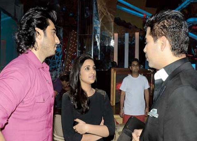 Parineeti Chopra and Arjun Kapoor meet Karan Johar on the sets of <i>Jhalak Dikhhla Ja</i>