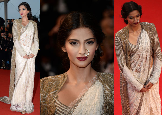 Cannes 2013: Sonam Kapoor stuns in vintage-look <I>sari</i> and jacket