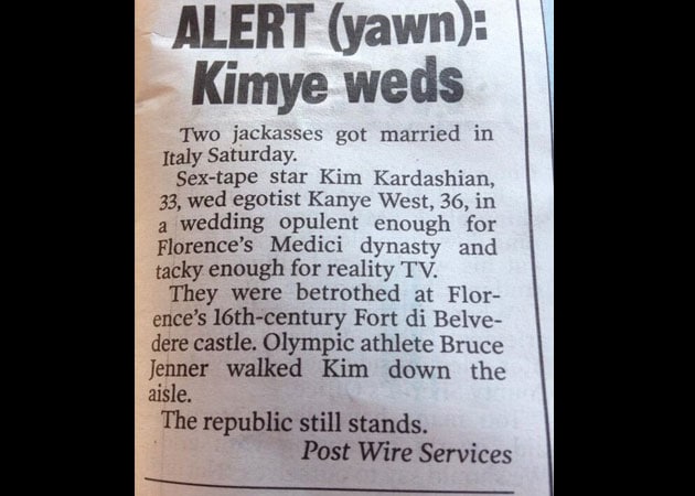 New York Post Shreds Kim, Kanye Wedding in Five Sentences and a Headline