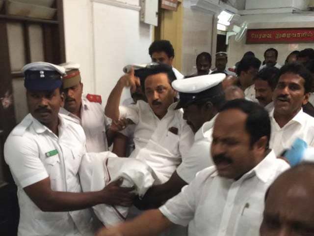 Video : MK Stalin Carried Out Of Tamil Nadu Assembly, Week-Long Ban On His Party